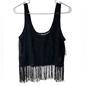 Forever 21 Black Embroidered Floral Fringe Sleeveless Crop Top Size Small NWT